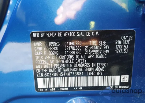 2022 Honda Hr-V Awd Ex z USA, uszkodzony, nr VIN 3CZRU6H54NM773681